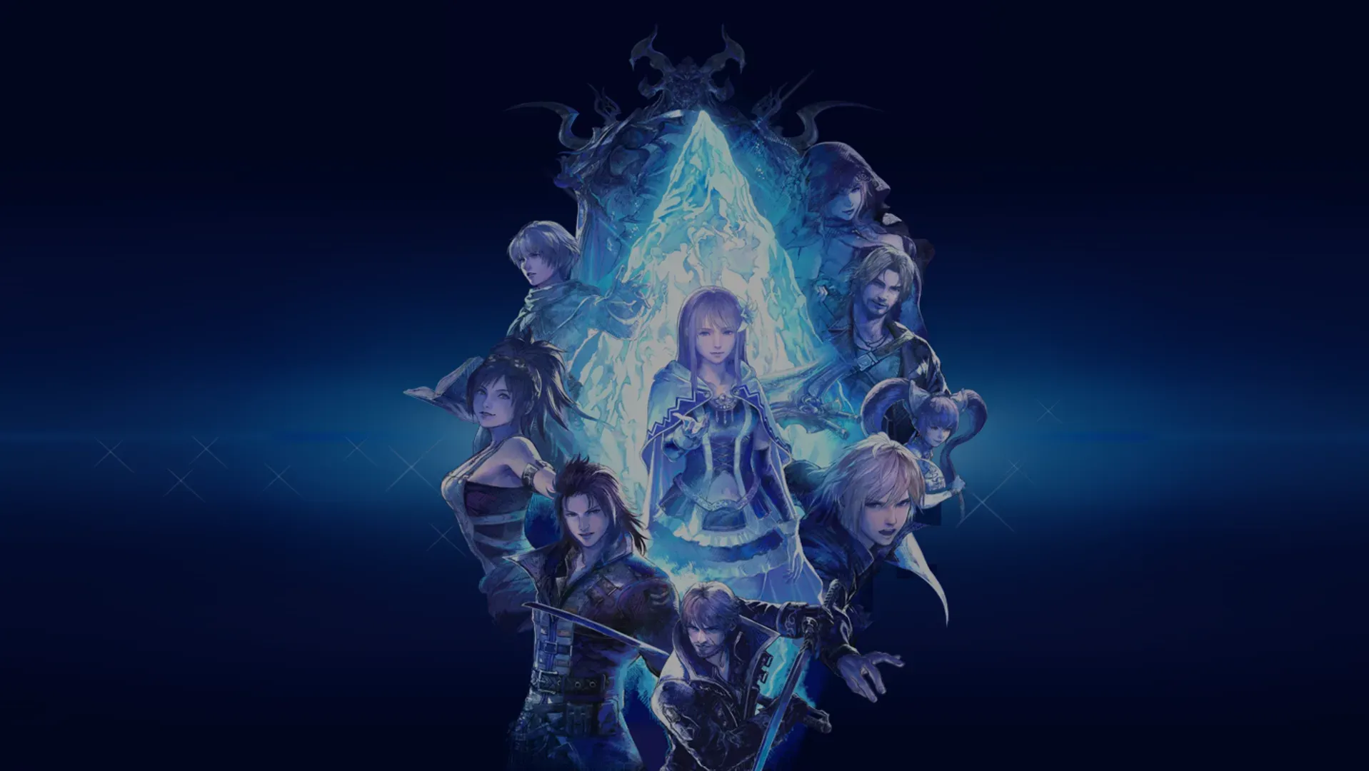 Final Fantasy Resonance key art showing the game's HD-2D pixel-art world