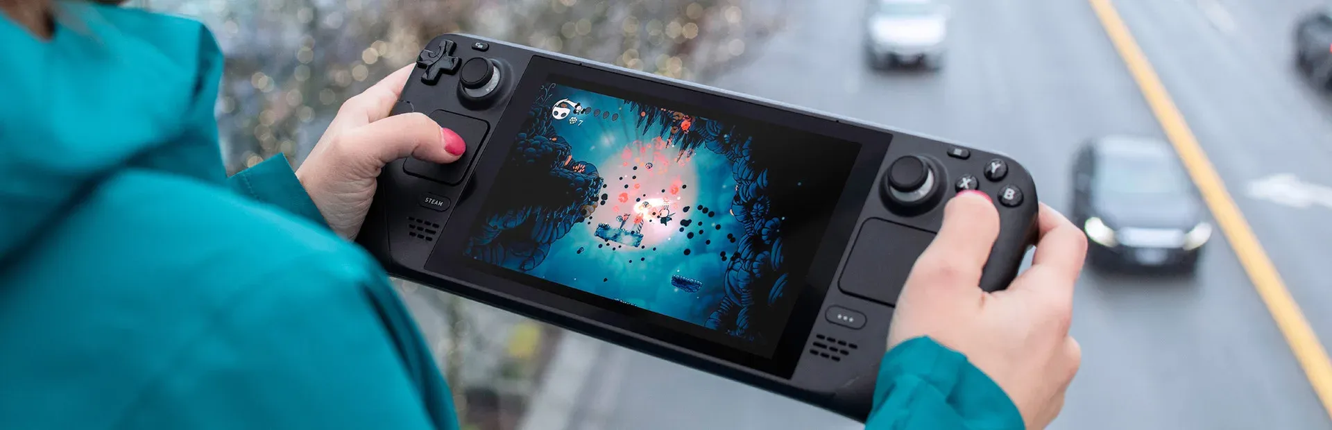 Steam Deck handheld running a game, representing Valve's Proton compatibility layer that powers Windows games on Steam Deck and SteamOS