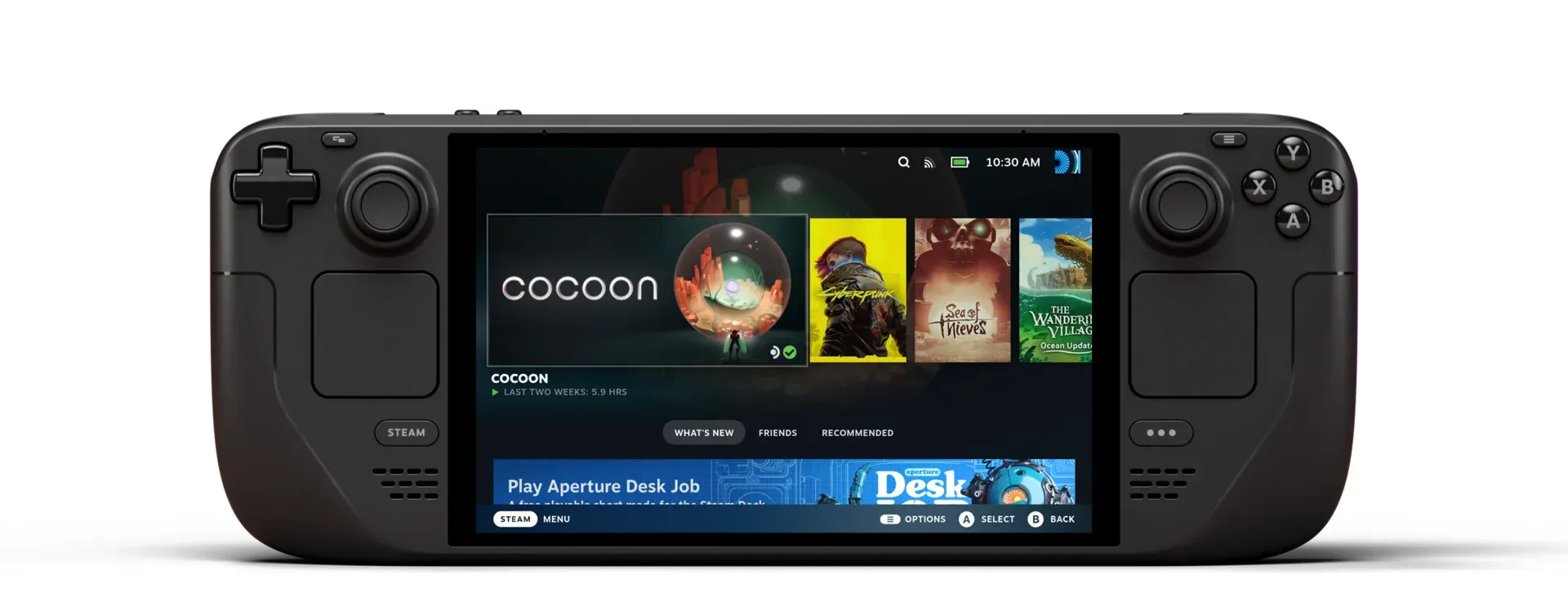 Steam Deck OLED handheld shown front-on in official Valve product photography