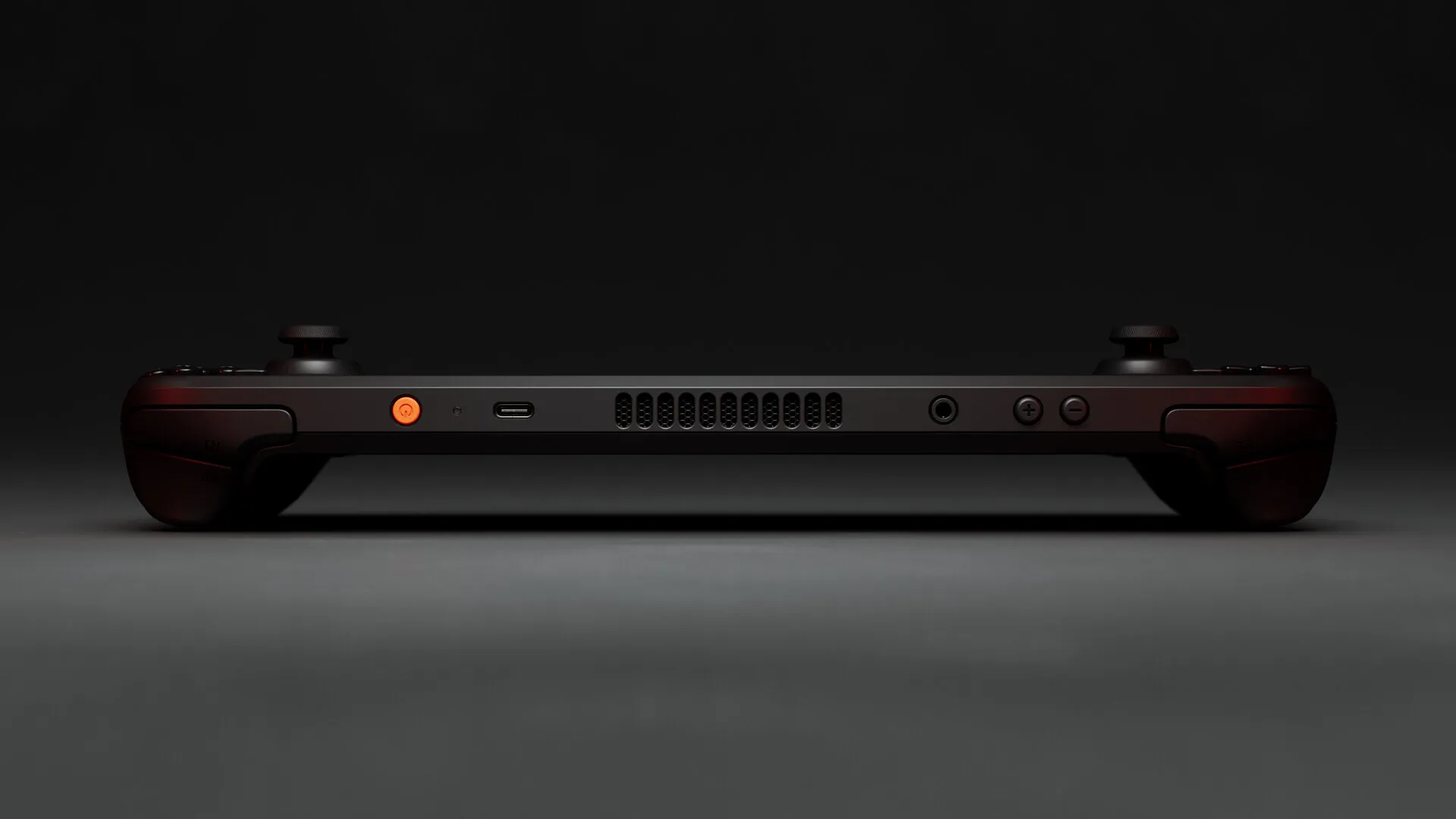 Valve's Steam Deck OLED handheld shown from the front with its display lit up