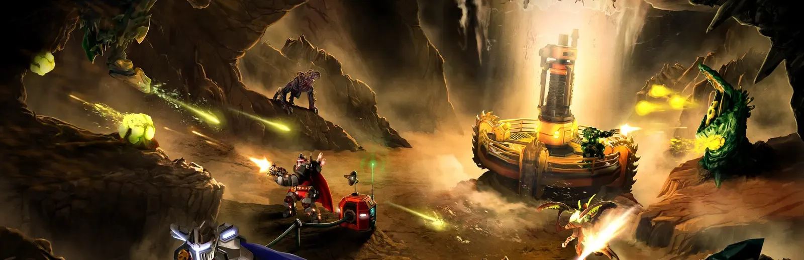 Deep Rock Galactic key art showing armored dwarven miners battling underground