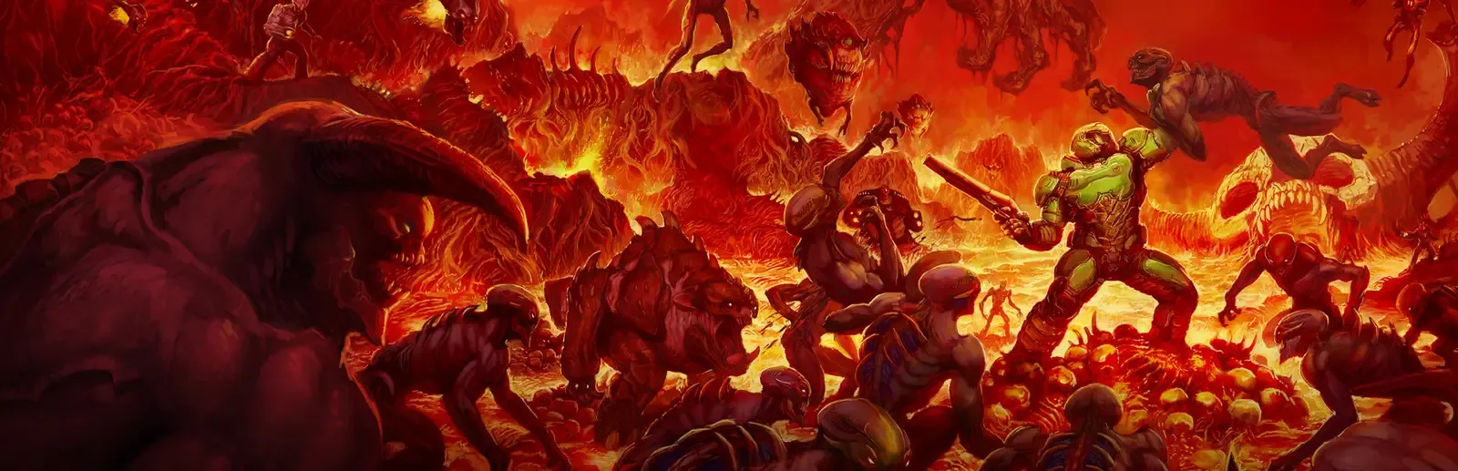 DOOM (2016) key art showing the Doom Slayer battling demons on Mars