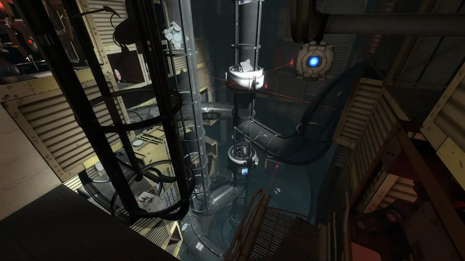 Portal 2 test chamber screenshot showing Chell and a portal gun puzzle room